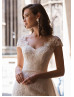 Beaded Cap Sleeves Lace Wedding Dress With Detachable Train